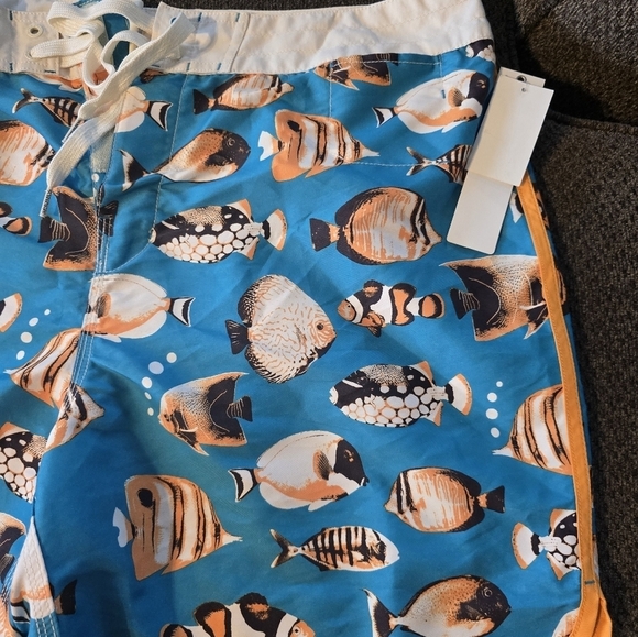 Sperry Top Sider Board Swim Trunks Men 38 Blue Orange Fish Graphic New - Picture 5 of 16